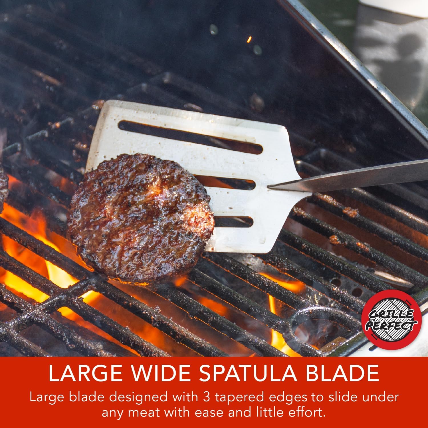 Grilled burger being turned with a spatula on a grill, featuring the Grille Perfect brand.